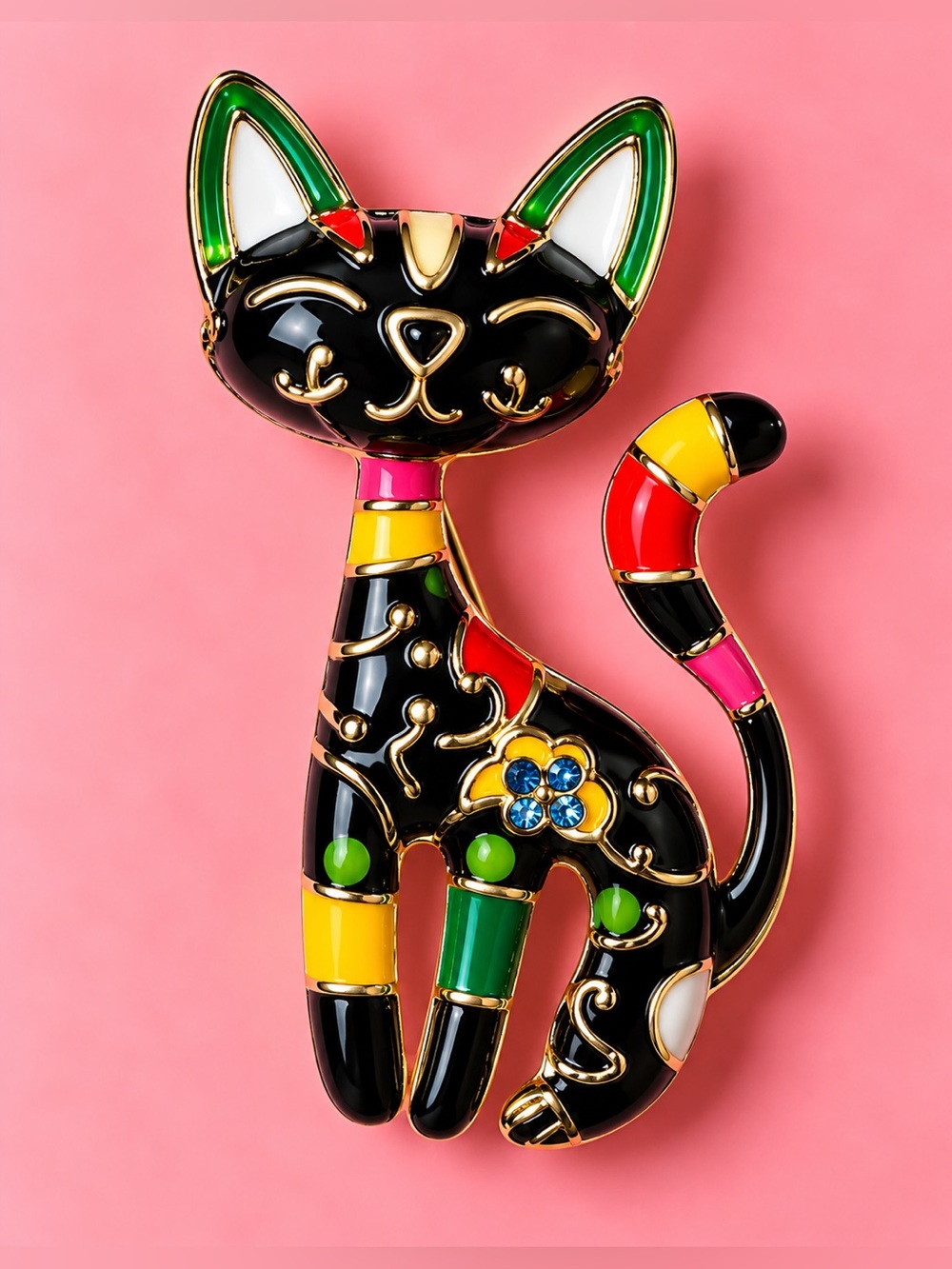 Black Multicolor Enamel Cat Brooch with Gold Accents